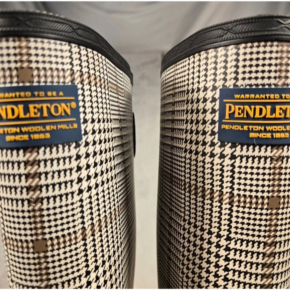 Pendleton Women Black Glen Plaid Tall Rubber Rain Boots Waterproof Lug Sole 8